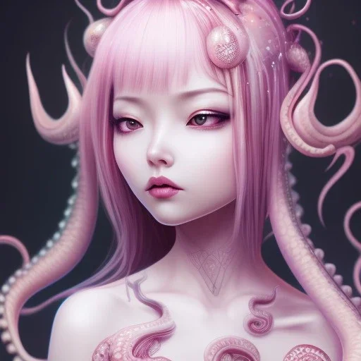  Asian woman, leaning pose, slobbe octopus , pink short hair, latex suit, full body, squid, intricate detail , portrait, high lighting, Gradient background,nice end of darkness Dark Woman Little Horns Little Horns Sad Eyes dual soul fire girl soul fire cute realistic hell Dark Realistic Cute