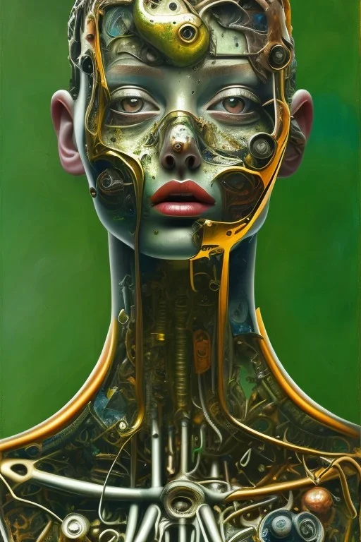 an abstract painting, by lucian freud and klimpt, rust, scaffolding, iron cladding, mixed media, textured, anatomically correct, beautiful woman perfect face, green eyes, sharp focus, highly detailed.