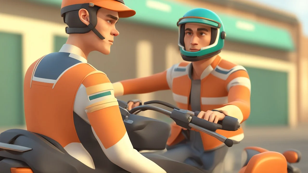 3d illustration of handsome driver man wearing helmet and riding his delivery motorbike. half body. pixar style