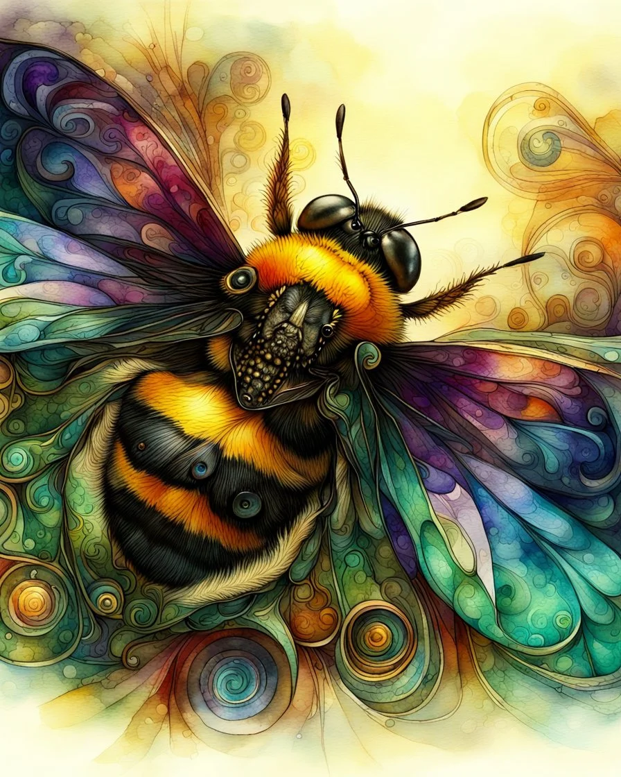 Fantasy Art Nouveau Watercolor close up macro of a bumblebee. bright vivid pretty colours. some purples. steampunk