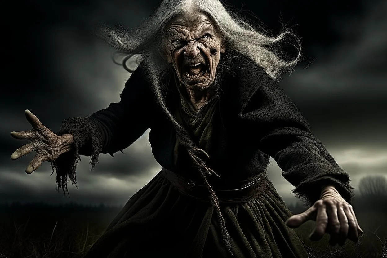 A captivating image of a attacking angry Old female witch, poised on a vast field with a stark contrast between light and dark, conveys a powerful sense of tension. In this expertly captured photograph, the predatory animal stands tall, its muscular frame oozing strength and dominance. The sharpness of every detail accentuates the creature's primal aura, from its razor-sharp teeth and piercing eyes to its sleek, glossy fur.