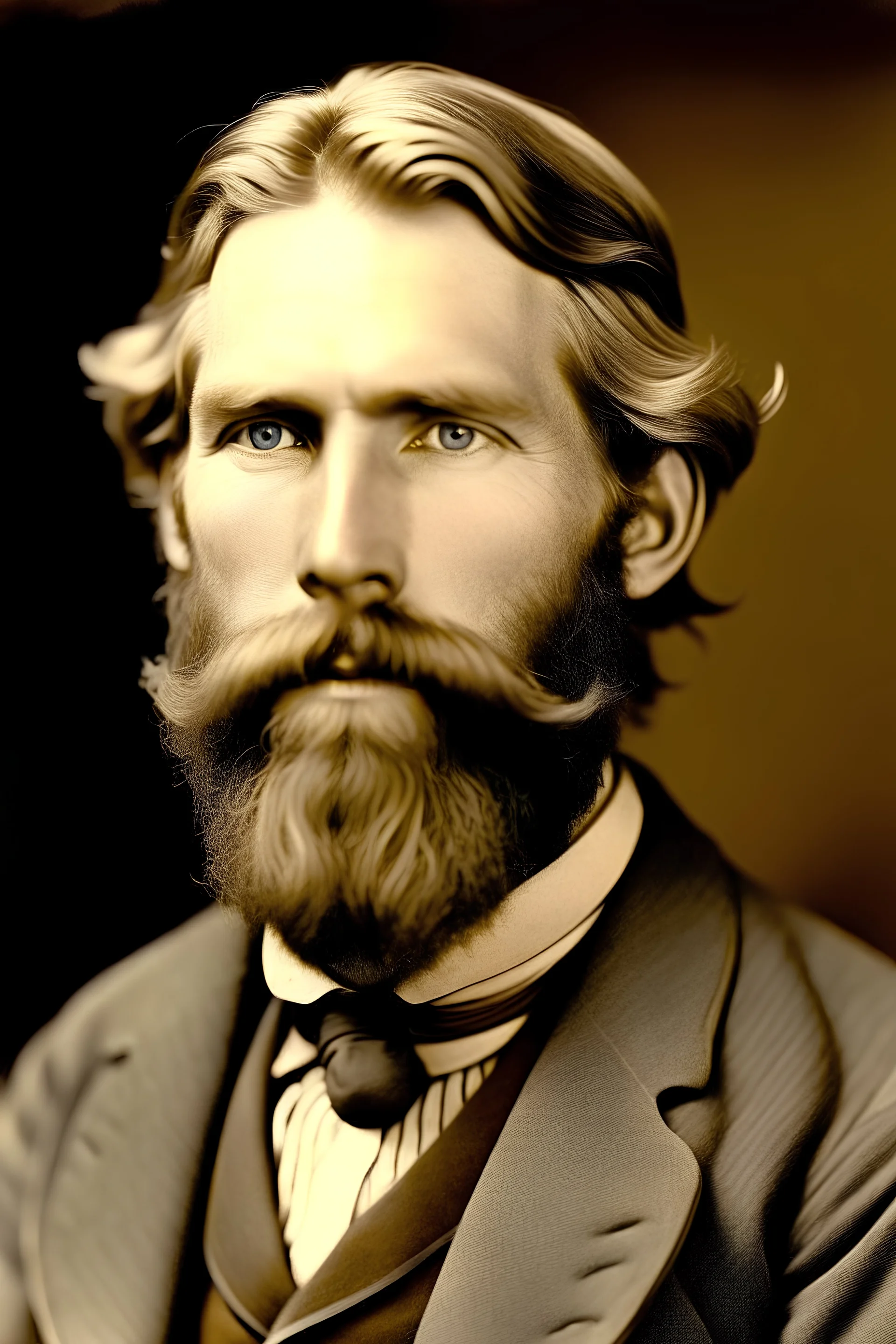 Portrait d'un sherif de 35 ans grand , blond aux yeux bleus , barbu et cheveux mi-longs en 1890 dans l'ouest américain origines viking