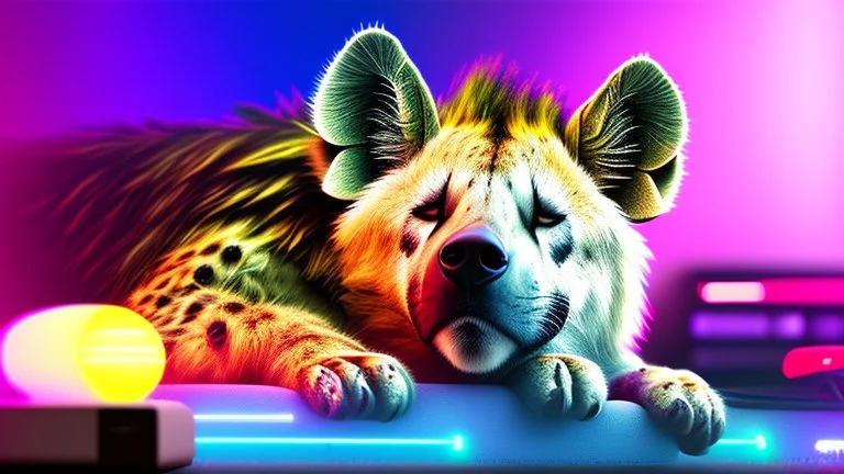 Fluffy Hyena sleeping comfy on a doggy bed, in a colorful and dimly lit gaming PC room, filled with neonlights, night time, atmospheric, detailed.