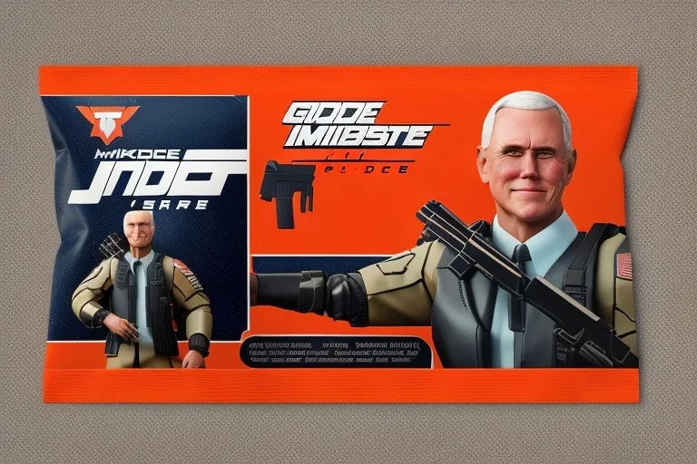 packaging label Mike pence g.i. joe toy With a gun space force uniform action figure, fluorescent orange, pricetag, full body shot