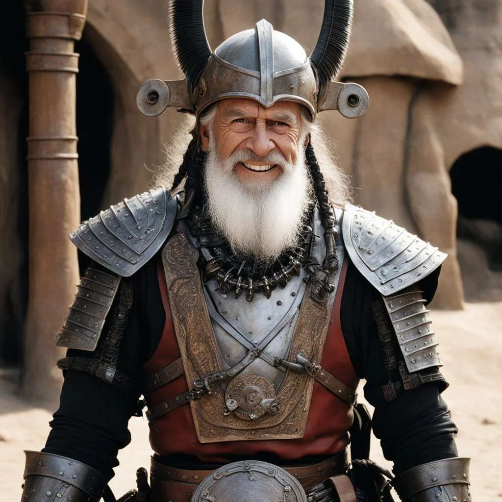 [high res photo by H.R. Giger] elder Don Quixote smiles in his long beard, ready to fight with his tourney lance, in dust, rust and blood, his body is covered with cartridge belts