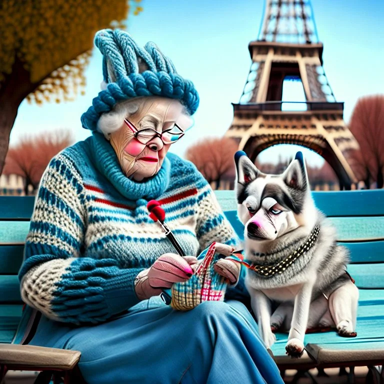 An elderly woman is knitting on a park bench, accompanied by her furry companion - a calm husky dog ​​resting next to her. In the background is the Eiffel Tower. The woman's lively personality shines through her whimsical outfit - a light blue sweater, striped tights and large round glasses perched on her nose. Her spiky red hair adds a touch of glamor to the scene. The sweet dog, with a shaggy yellow coat, lies peacefully with his head resting on the knitted fabric, providing a faithful compani