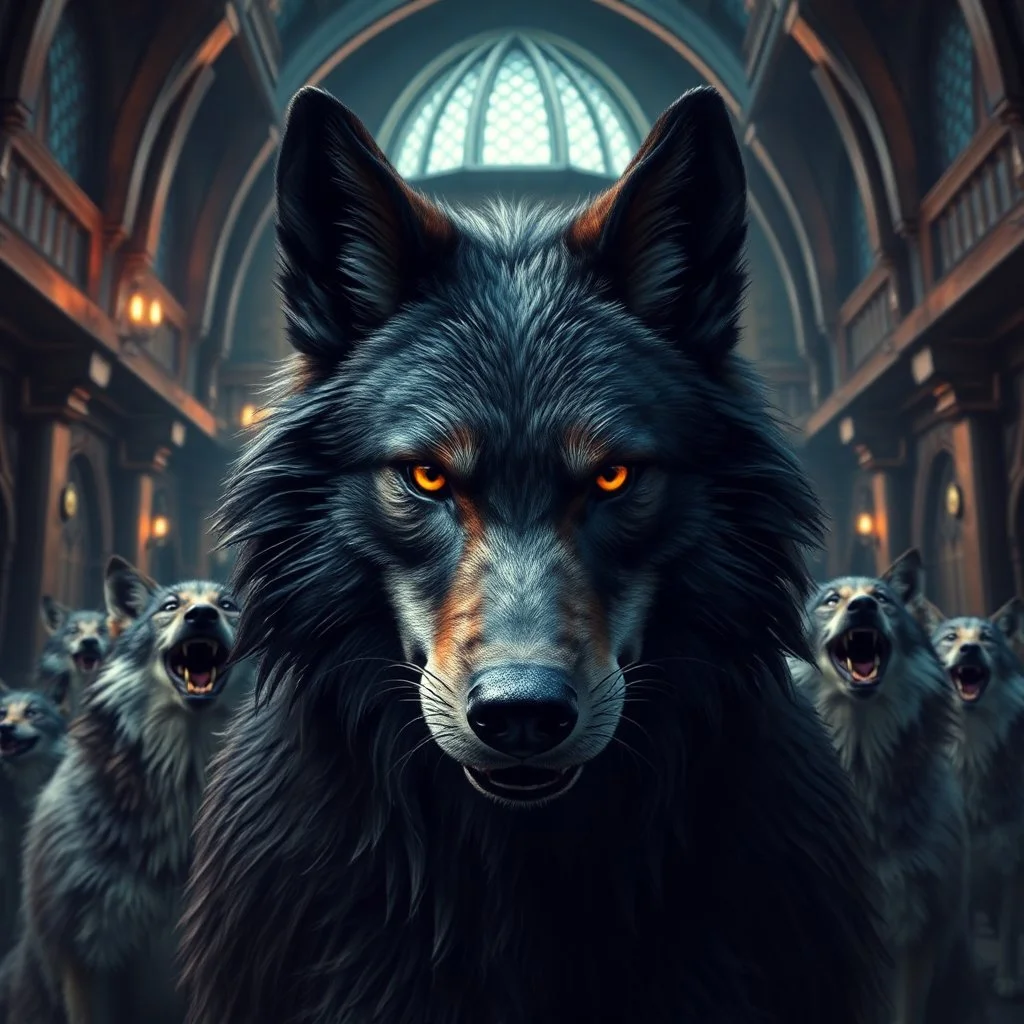 dark ascetic fantasy an anthropomorphic wolf facing at the camera and around him cheerful anthropomorphic wolves they laugh at him , in the background mbig tall domed roof wooden walls hall, high realistic, high detailed, dark fantasy, cinematic