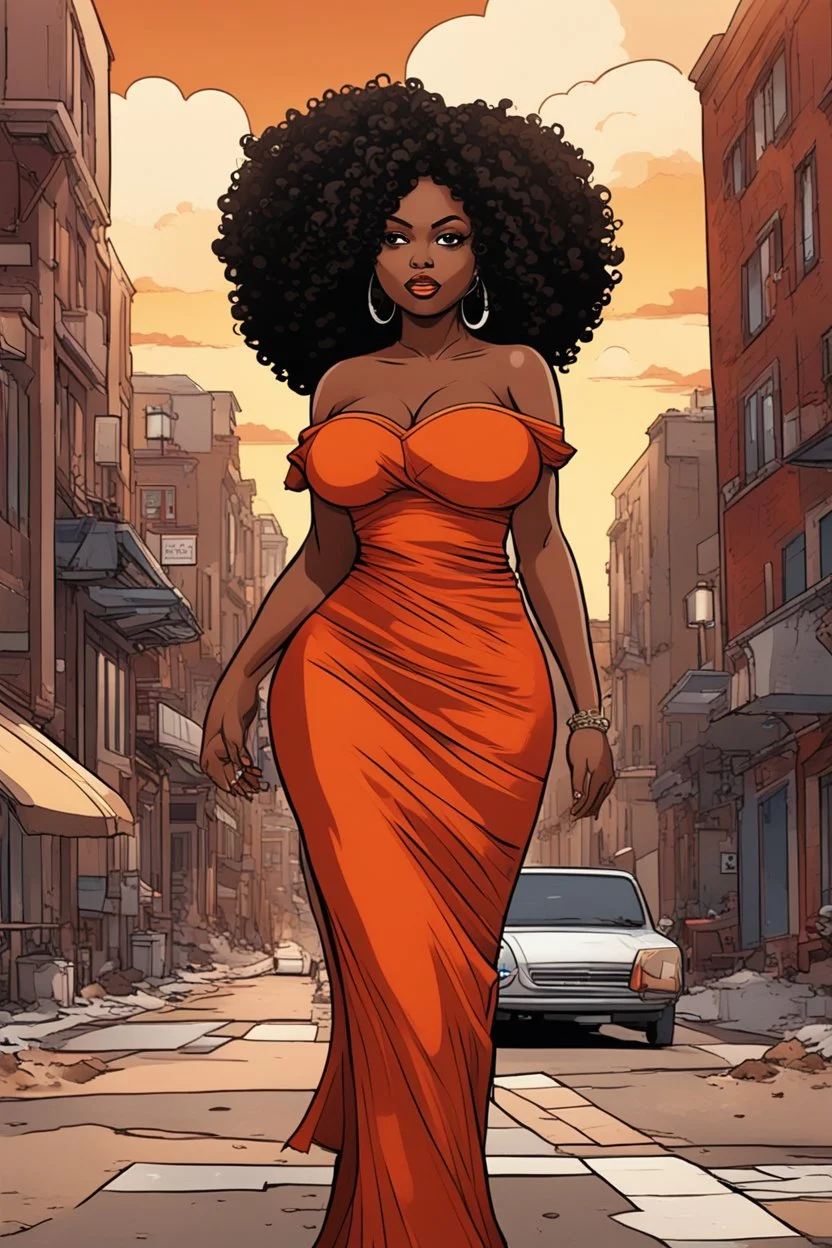 Create a comic book art cartoon image of a curvy black female walking thru the city streets wearing a burnt orange off the shoulder maxi sundress. Prominent make up with brown eyes. Highly detailed tight curly black shiny afro