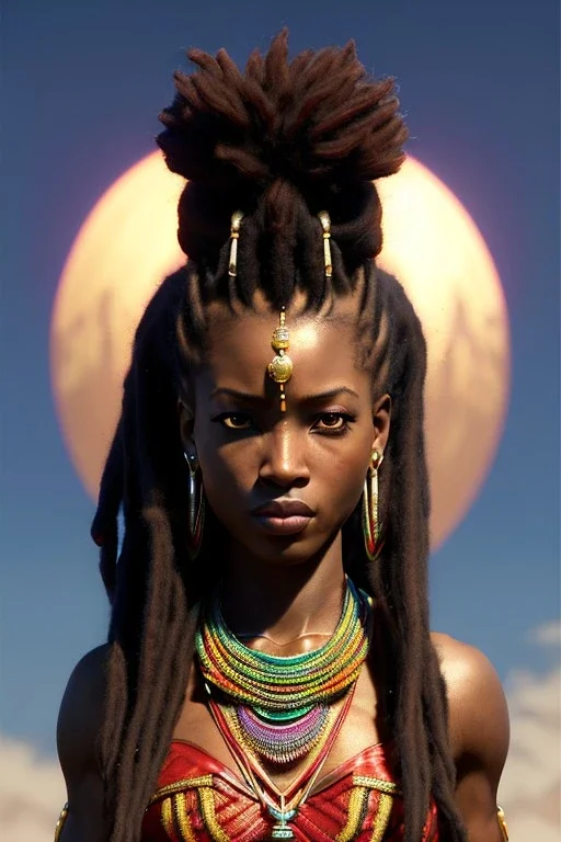 African female warrior, dreadlocks, colorful beads in hair, athletic build, ominous, dnd character portrait, waist up portrait, intricate, oil on canvas, masterpiece, expert, insanely detailed, 4k resolution, retroanime style, cute big circular reflective eyes, cinematic smooth, intricate detail , soft smooth lighting, vibrant colors, hokusai style arm sleeve tatoo