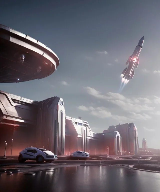 futuristic spaceport, modern, white, busy, rocket launching in background