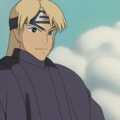 blond ninja man with katana in black baggy clothes