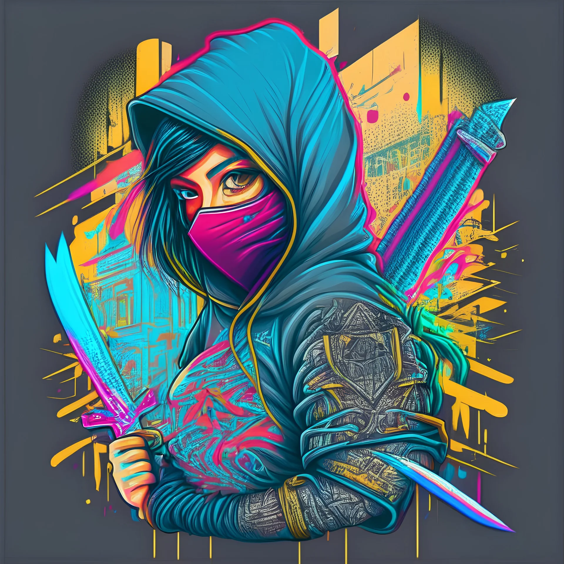 centered, isometric, vector t-shirt art ready to print highly detailed colourful graffiti illustration of cute girl with hoodie and mask, black hair, 4k, radiant look, face is covered by highly detailed, vibrant colour, high detail, sword attached to her back