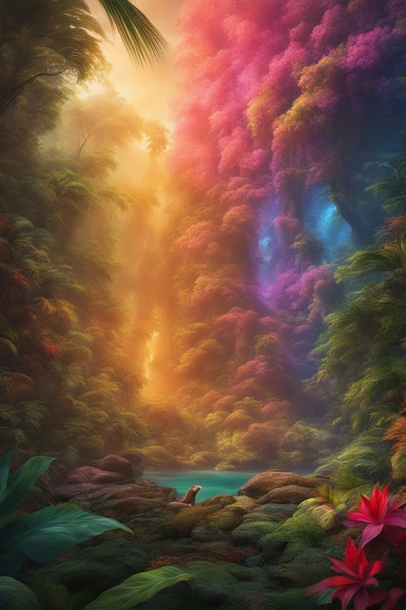 A hyper-realistic photo, A colourful jungle a masterpiece, highres dark fantasy concept art, dynamic lighting, hyperdetailed, intricate, Splash screen art, vibrant colour, volumetric lighting, triadic complementary colours glow particles