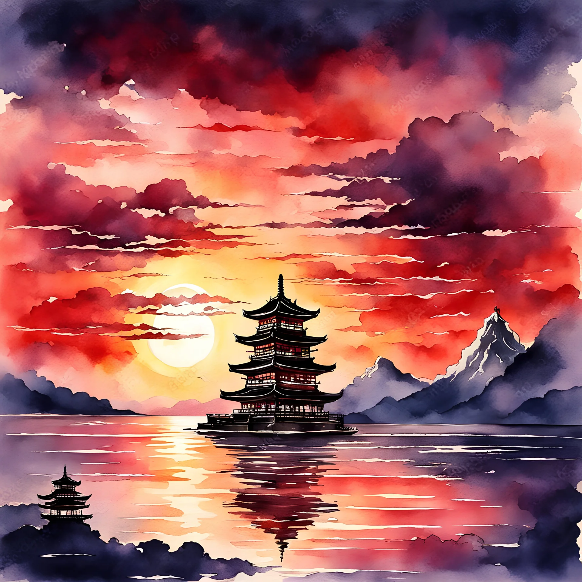 beautiful dark watercolor, Japanese seascape at sunset, majestic pagoda, deep crimson colors, reflective, setting sun partially obscured by clouds, sun glare effect, impressionism