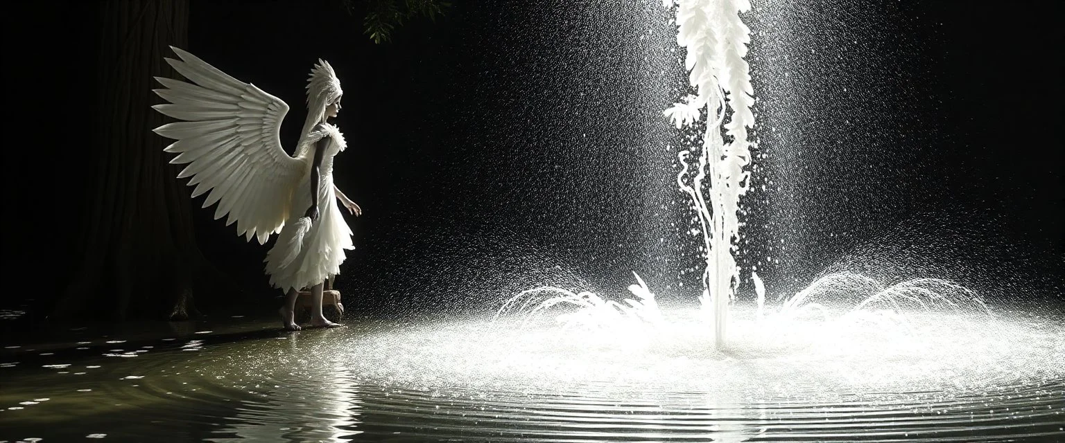 a fountain of feathers, radiant white feather light mirror bounce ancient angelic wooden treant by dark fountain,sonoluminessence
