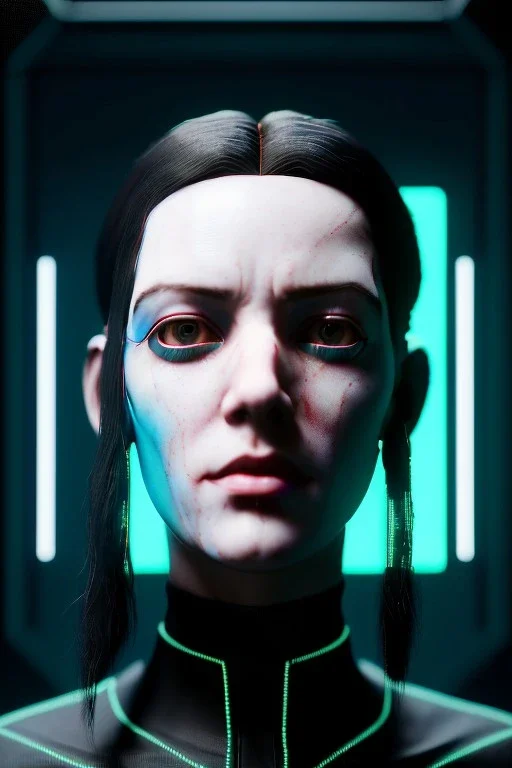 Cyberpunk portrait, pretty British woman:: symmetry photography, cyberpunk, blue long hair, face make-up, black line eye, light iris eye, :: kenzo fashion style, coat :: cinematic, Ultra realistic, dark scene, soft color, highly detailed, unreal engine 5, RTX, ultra detail, 3d, finely drawn, high definition.