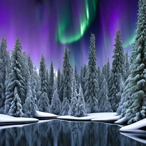 high-quality, fine-detailed winter forest surrounding reflective lake with northern lights in sky, intricate, defined snow-covered trees, a still, black, reflective lake, irridescent, radiant, colorful aurora borealis in night sky, 8k resolution, photorealistic, 3d render, detailed matte, voumetric lighting, photgraphy by Arild Heitmann, Justin Ng, David Lane, Troy Casswell, Luc Perrot