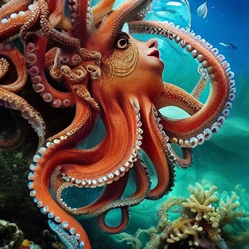 high-quality, fine-detail portrait of gorgeous, stunning goddess of water, octopus as hair, coral reef exoskeleton, 8k resolution, 3D octane render, intricate, digital art, detailed matte, volumetric lighting, George Grie, Anne Dittman, Anne Stokes, Lisa Parker, Selina French,