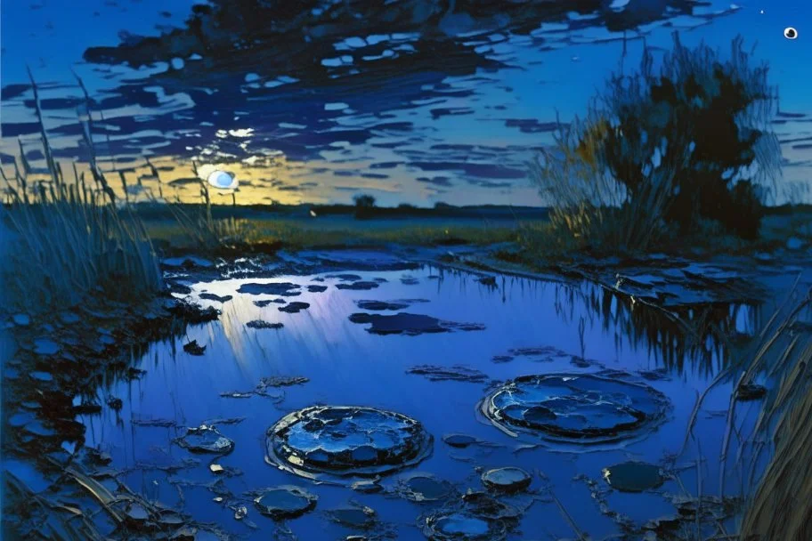 Dark blue sky with one exoplanet in the horizon, rocks, puddle, weeds, sci-fi movies influence, epic, ernest welvaert, and charles leickert impressionism paintings