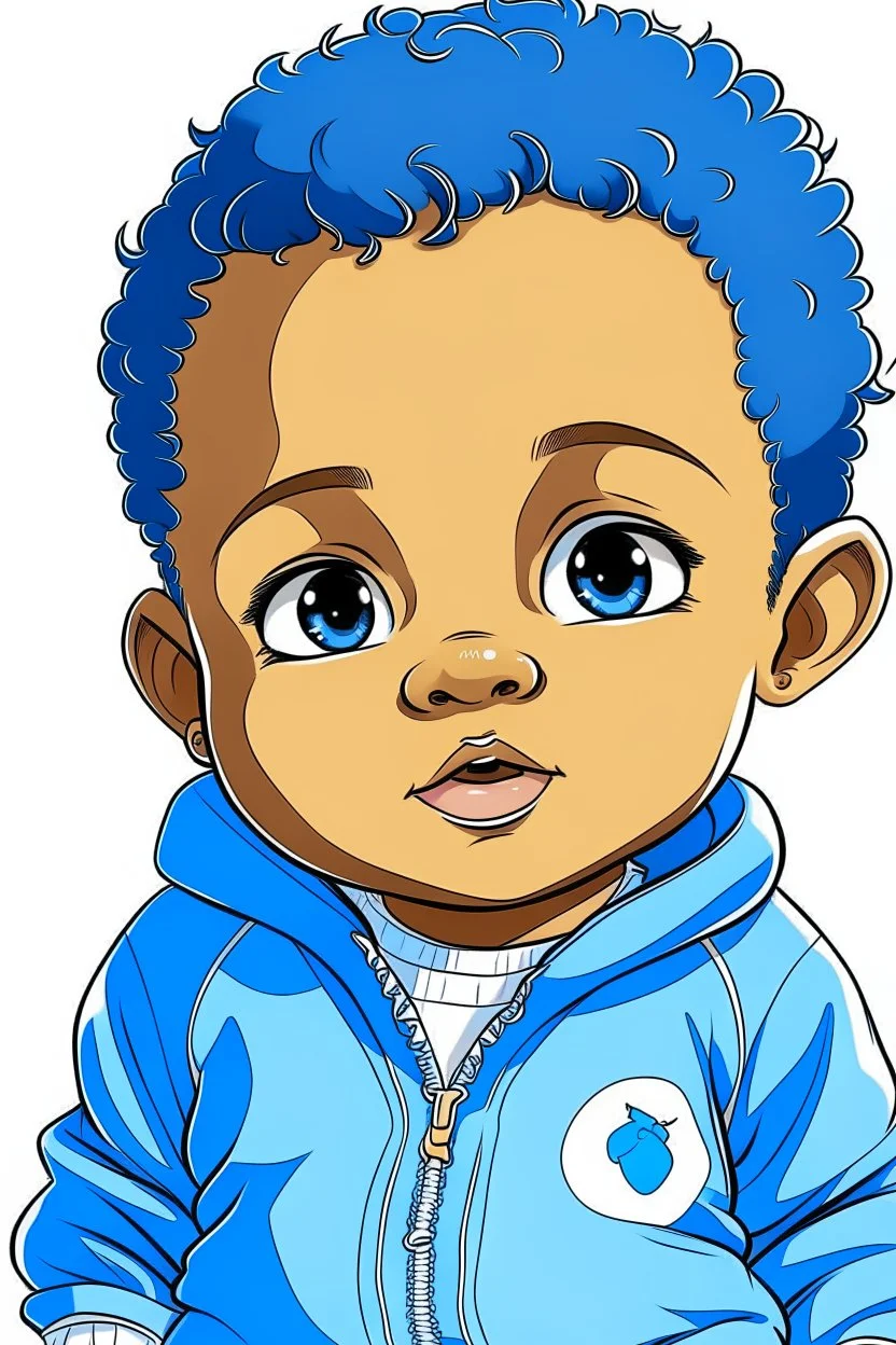 an anime style drawing of a blasian baby boy. hes wearing blue royal baby onesie