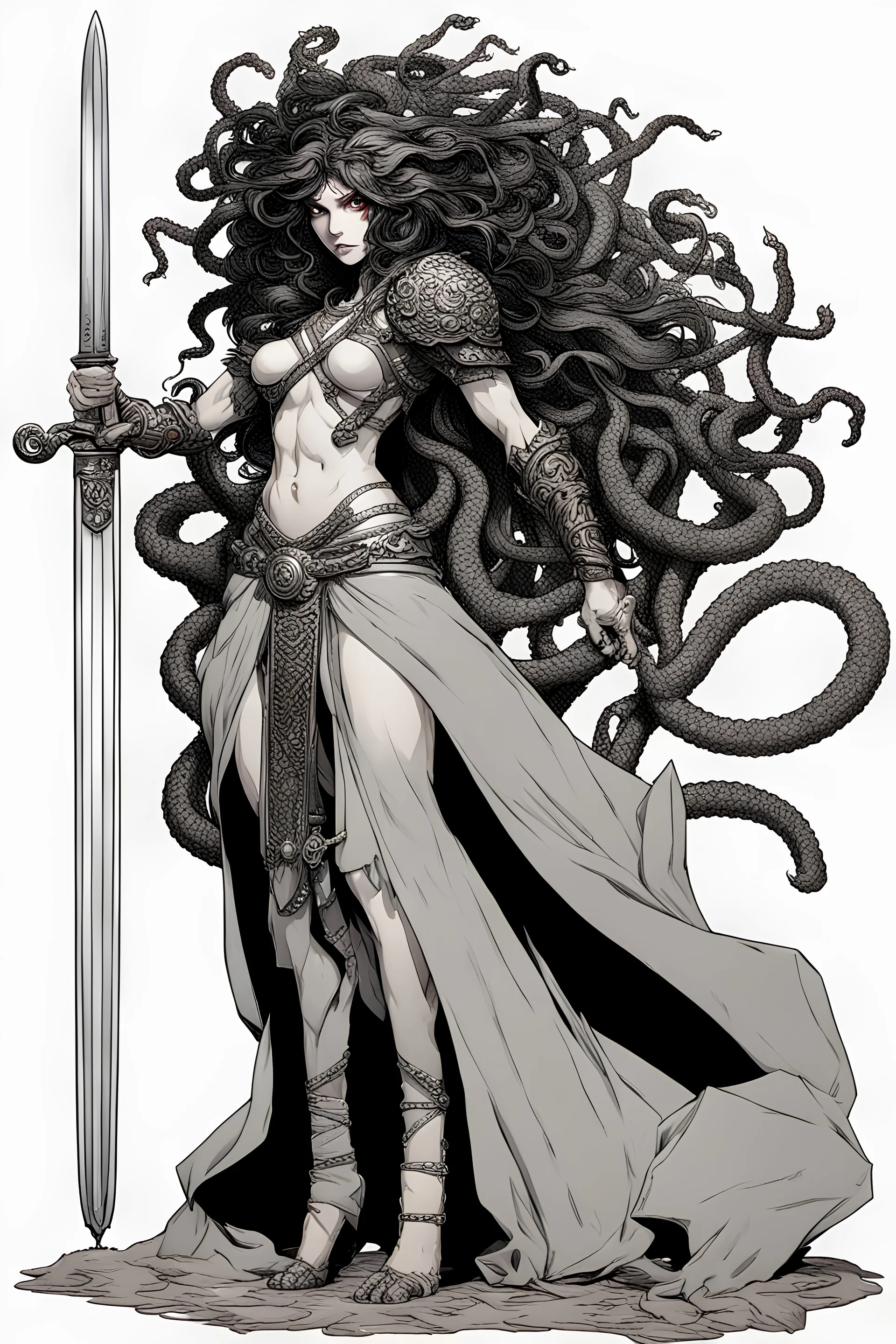 full-length persona, detailed, sword in hand, gorgon medusa