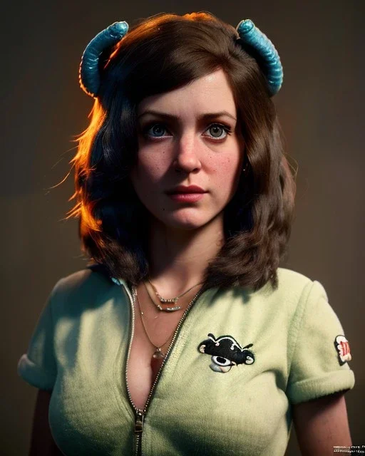 Portrait, Irish waitress woman with monster muppet mask that covers her entire head, retro style, Sesame Street style, black, smooth, unreal engine 5, god lights, ray tracing, RTX, lumen lighting, ultra detail, volumetric lighting, 3d.