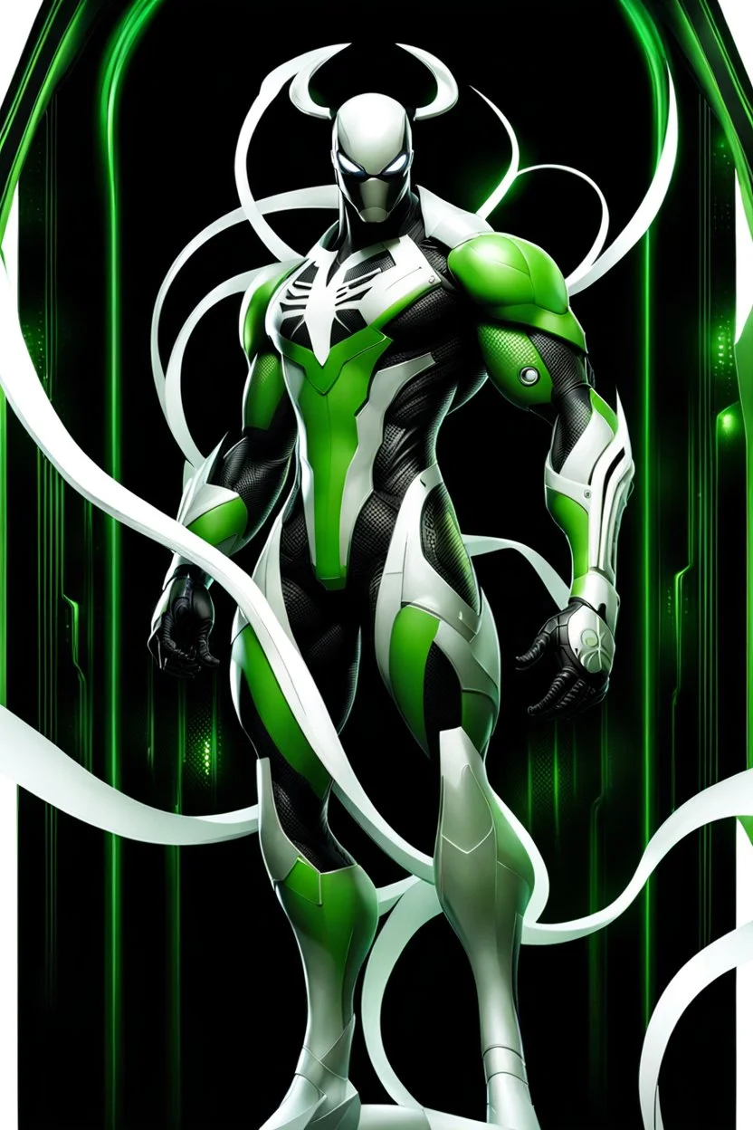 Cyborg symbiote, white color, green color, tendrils, high tech, cyberpunk, biopunk, membrane wings, carbon fiber, cyber tentacles, and the other two.