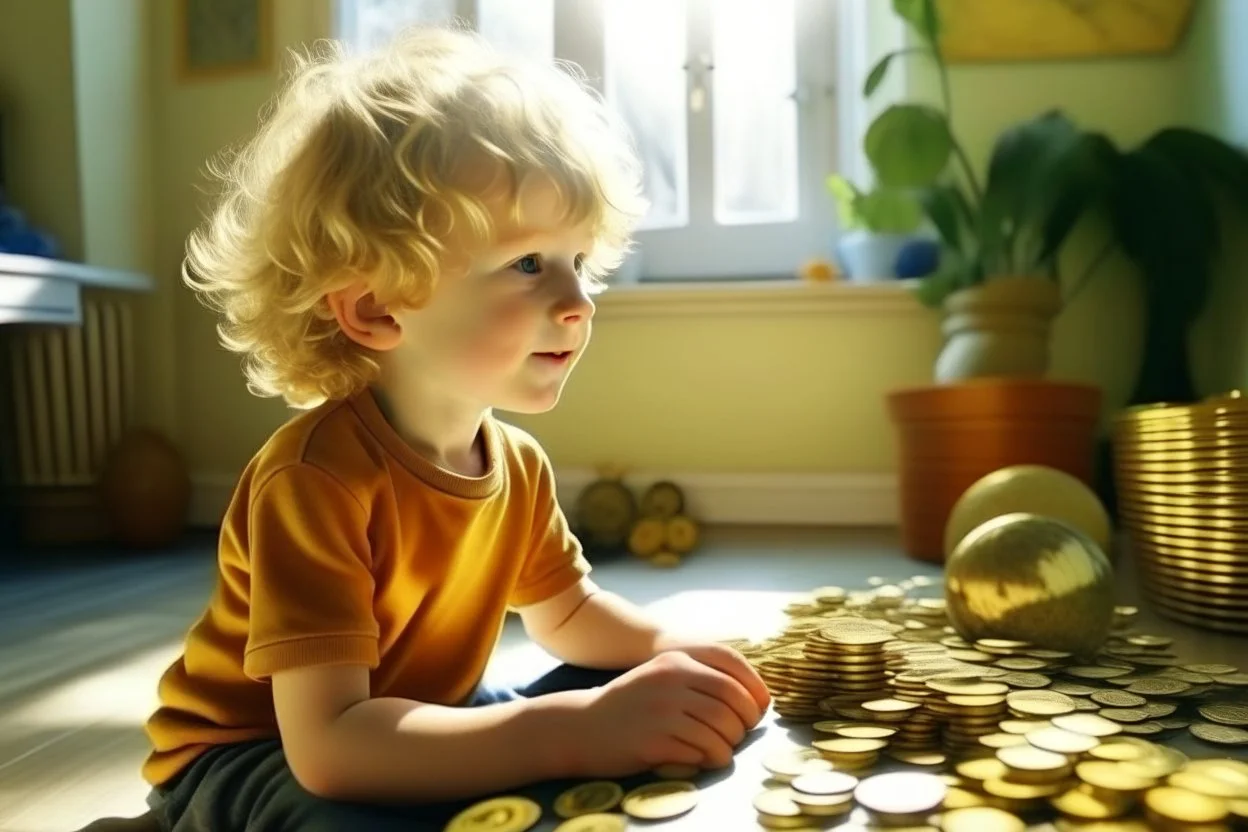 a curly-haired blond boy counts money and stacks gold coins in a modern nursery, in sunshine