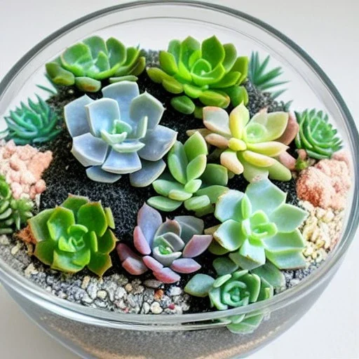 succulent terrarium in a glass bowl, pebbles, pastel colors, sunbeam, adorable, linen backdrop