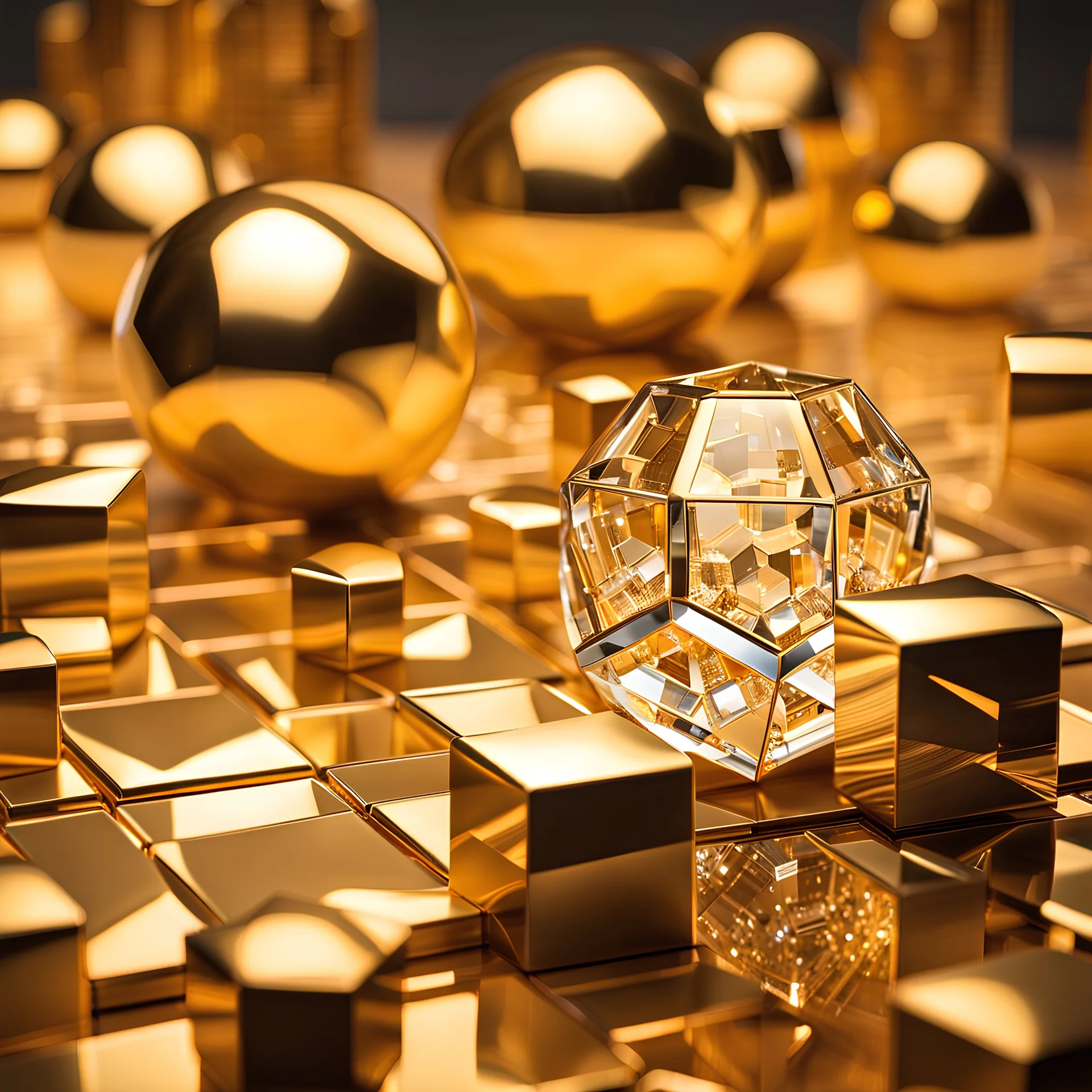 golden spher with crystal Dodecahedrons inside , which reflects the modern city environment in modern city escape , transforms into array of crystal cubes.