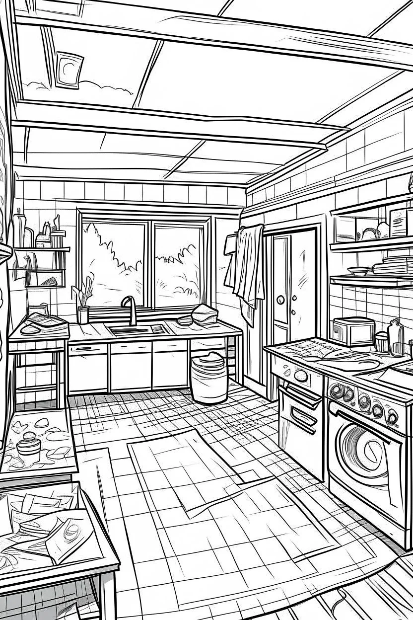 Outline art, house design, laundry room, no shading, no lines, cartoon style, --ar 9:11