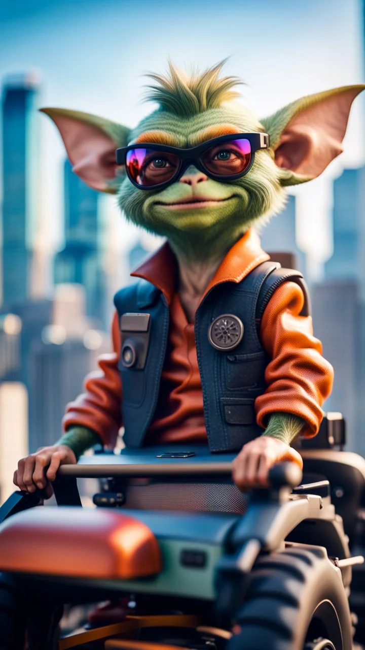 portrait of Hairy Gremlin pimp ninja in hipster tractor parked on top of sky scraper,bokeh like f/0.8, tilt-shift lens 8k, high detail, smooth render, down-light, unreal engine, prize winning