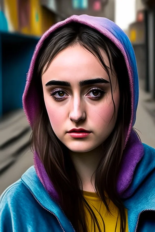 1girl, hoodie, arm tattoo, portrait, asymmetrical bangs, bandaid, short hair, bangs, breasts, freckles, grey eyes, large breasts, looking at viewer, neck tattoo, nose piercing, pink hair, scar, scar on face, solo, tattoo on face, upper body, detailed background, town, alley, dark alley, portrait, hood on head, night, angry, close up, closed mouth, , ((masterpiece)), absurdres <lora:arcane_offset:1>