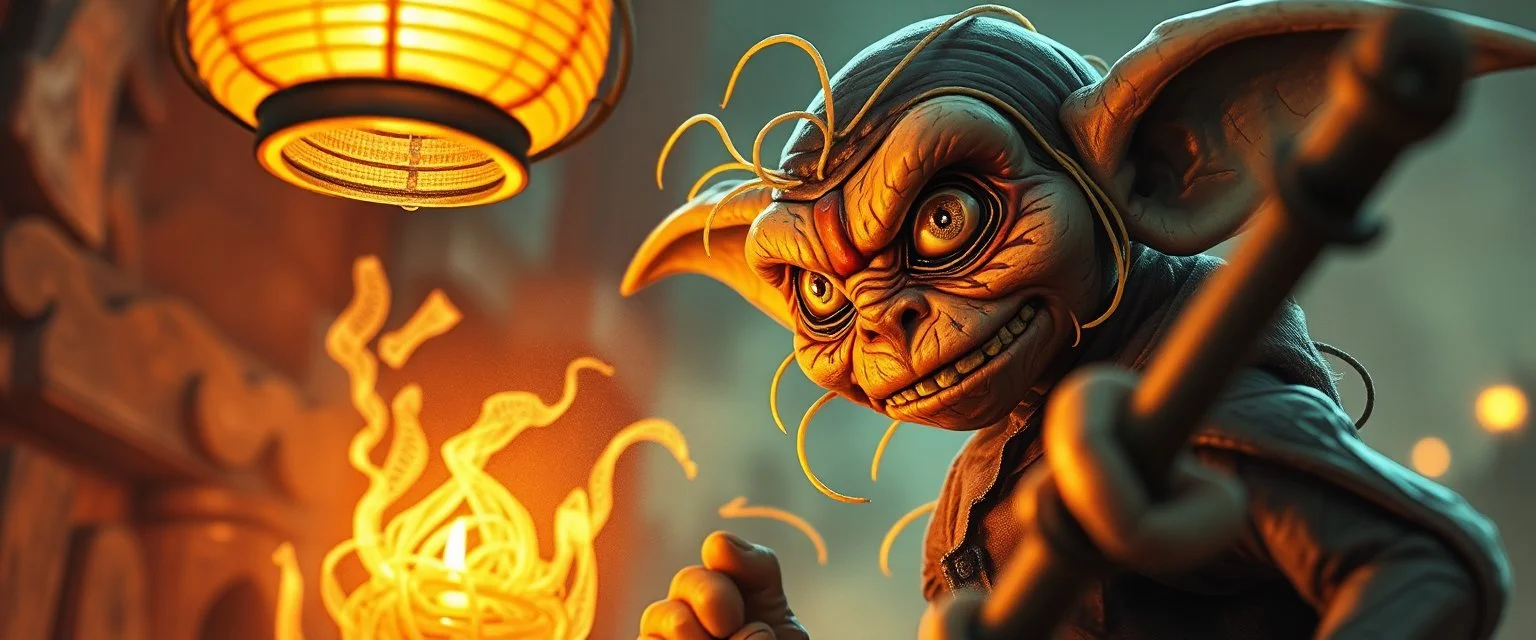 air brush 3d with pen outline,spaghetti western goblin edgy hero, shallow depth of field, warm lantern, pin hole cam