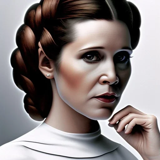 zoomed out stunning photo realistic portrait of carrie fisher as Princess Leia in star wars with photo realistic fine and very simple symmetrical hairstyle, brown eyes, macro lens blur, eos5d mark 4, ef 85mm 5.6, professional majestic photo realistic painting by Ed Blinkey, Atey Ghailan, by Jeremy Mann, Greg Manchess, Antonio Moro, trending on ArtStation, Intricate, High Detail, Sharp focus, dramatic, by greg rutkowski, realism, beautiful and detailed lighting,