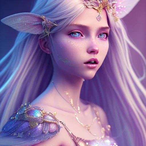 A portrait of a cute fantasy fairy, blue eyes, long blond hair, pink lips, atmospheric light, cinematic lighting, extremely sharp detail, finely tuned detail, ultra high definition, 8 k, unreal engine 5, ultra sharp focus, accurate wings, positive smile, highlight luminous dress