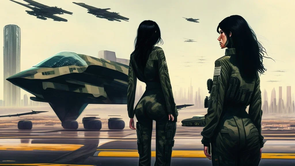 Tall thin women, with straight black hair, dressed in a camouflaged jumpsuit, looking out from the rear of a futuristic aircar, on a tarmac runway, with a city skyline in the distance