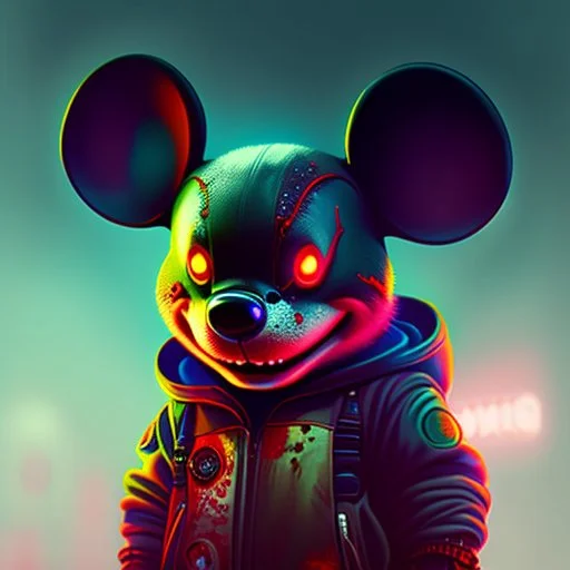 zombie mickey mouse hybrid, photorealism, movie screen capture, horror, sci-fi, retrofuturism,