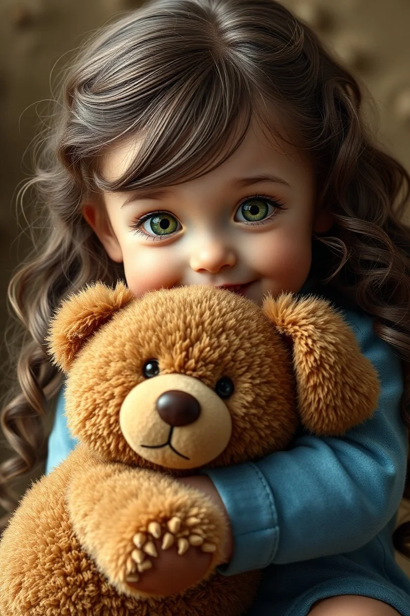 hiper realistic 4-5 year old cute beauty girl With beach wavy dimensional melange hair. With deep real smiling green eyes and brow long hair. Holding a big brown bear-toy. Near her to stay very cutte puppy