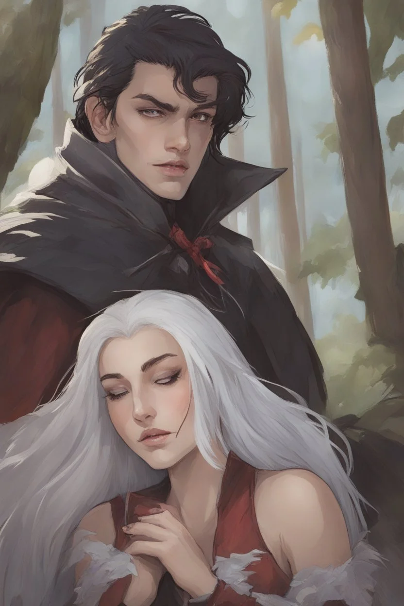 A couple from the dnd game curse of Strahd kissing. She has white hair he has long black hair.