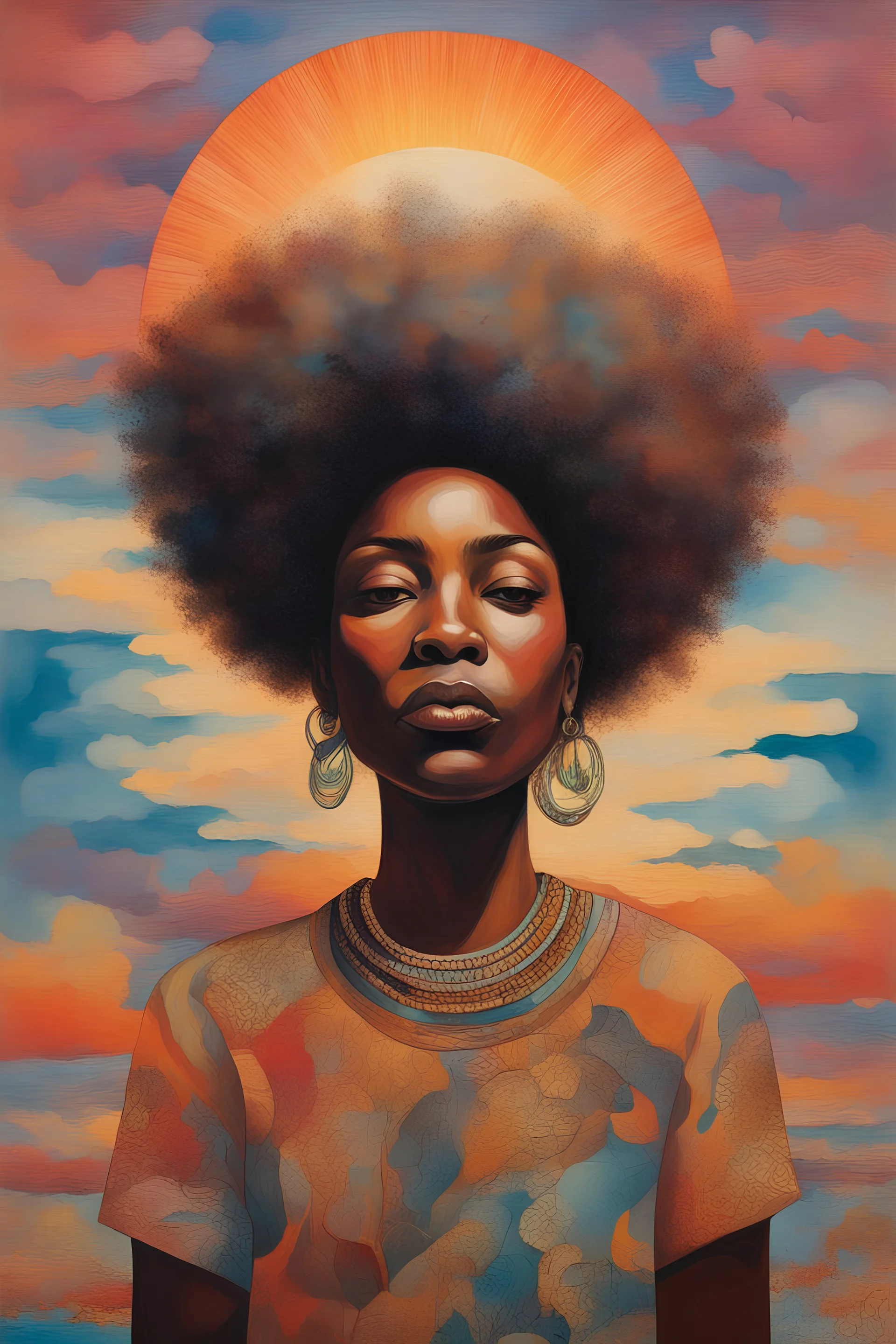 internal voyage of self-discovery and unwavering beliefs through a mixed media portrayal, blending warm tones of sunrise with cool hues of steadfast conviction in an afro Caribbean context.