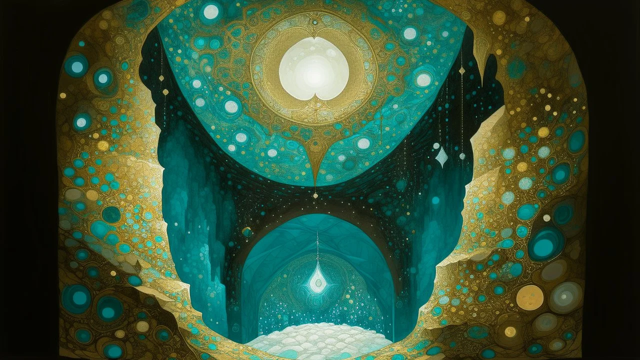 a detailed painting of the inside of a cave, intricate geometric patterns outline the cave ceiling, turquoise blue tones, several white stars scattered throughout the design, various sections of the cave are decorated with gold and silver accents, light brown hues dominate most of the artwork, larger central focus is on the paintings creating a sense of depth, smaller circular shapes near the top, text in modern typography below the main logo that reads "futuro", textured lines suggesting an org