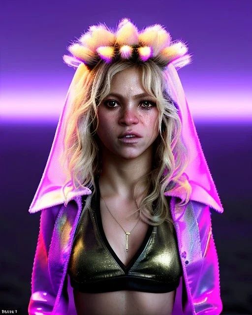 portrait, Shakira, blonde artist, angry, Realistic image, MMA robe, hoodie, mouthguard, nose, band aid, loose long hair, eyes make up, line gold make up, glow, circle iris. Rain, fog, Neon colors, leds. Dark background, photo studio, concept art, smooth, unreal engine 5, god lights, ray tracing, RTX, lumen lighting, ultra detail, volumetric lighting, 3d, finely drawn, high definition, 4k.