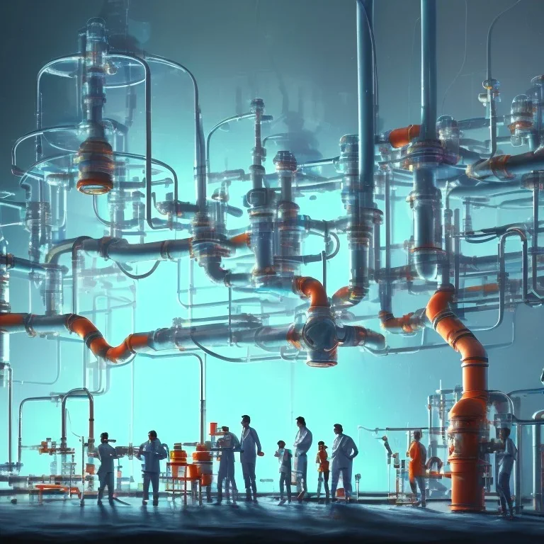 group of scientists is in the laboratory. invent new colors. smoke rises from multi-colored glassware. they are wearing overalls. color swatches in the background. hyperdetailed, orange and teal, warm colors, detailed painting, photorelistic, oil on canvas, light dust, futuristic. volumetric lighting