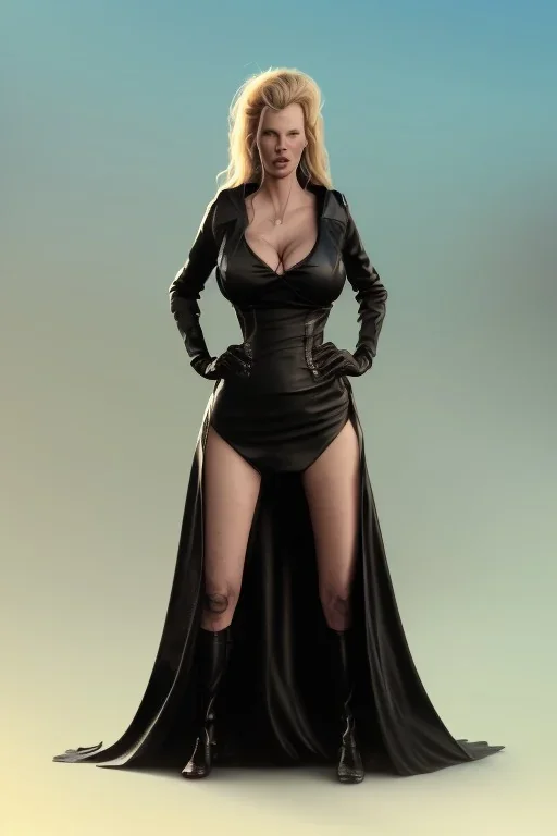 Kim Basinger in black leather gown, evil, villain, busty, cleavage, curvy, angry, happy, stern look. character design by cory loftis, fenghua zhong, ryohei hase, ismail inceoglu and ruan jia. unreal engine 5, artistic lighting, highly detailed, photorealistic, fantasy