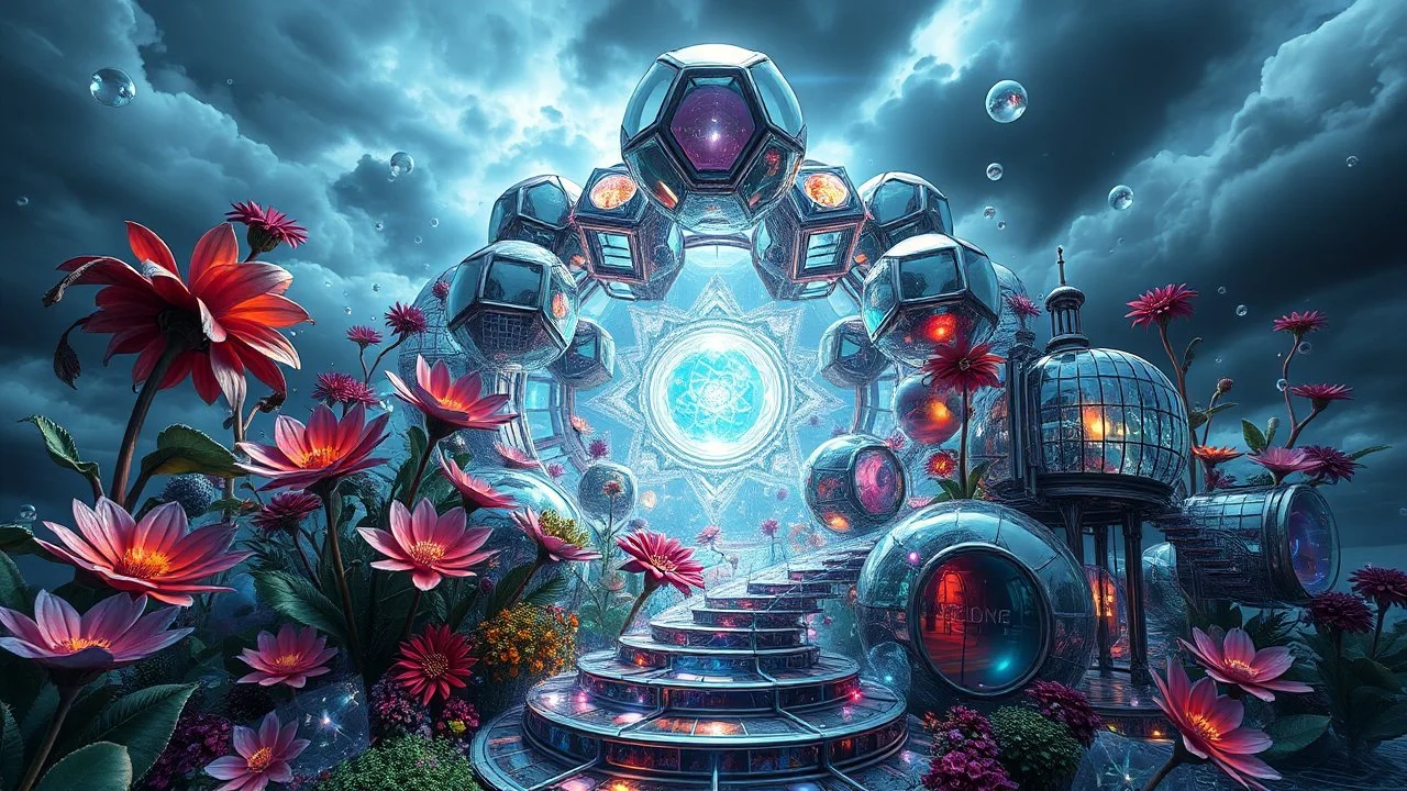 Dynamic complex hypnotic of 3D structures Symmetry twisting and morphing between cifi plants , cifi flowers and metal geometric 3d structures buildings , smooth translucent iridescent glass with inner glow and bubbles, varied transparent materials, stormy skies, intense dramatic
