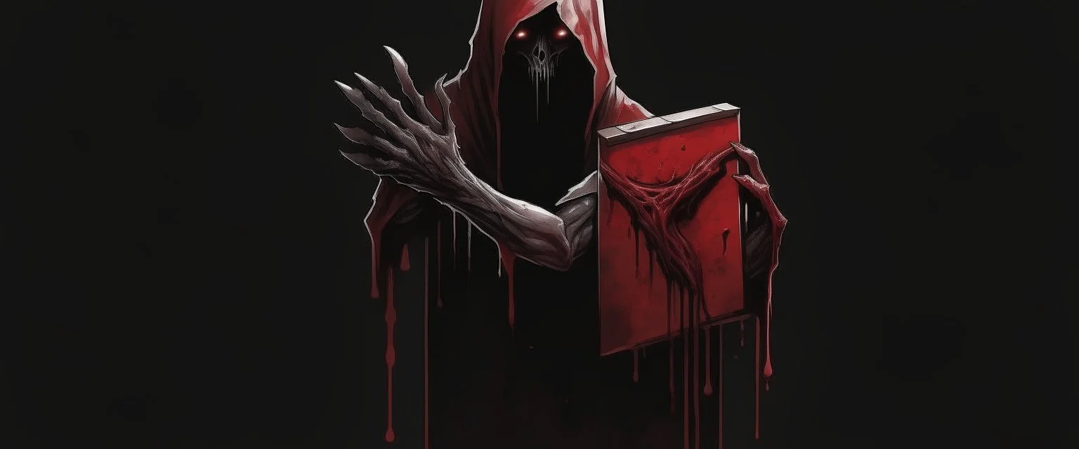 a faceless creature covered in blood holding up an empty black box