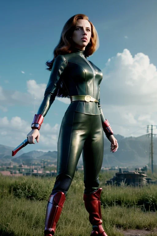 retro portrait image from 1960, sky background, wind, long red hair, fighting stance, sweet young Scarlett Johansson, black dress, classic long tight lycra black suit, gold bracelet and belt, high heel boots, superhero style, black widow, soft color, highly detailed, unreal engine 5, ray tracing, RTX, lumen lighting, ultra detail, volumetric lighting, 3d, finely drawn, high definition, high resolution.