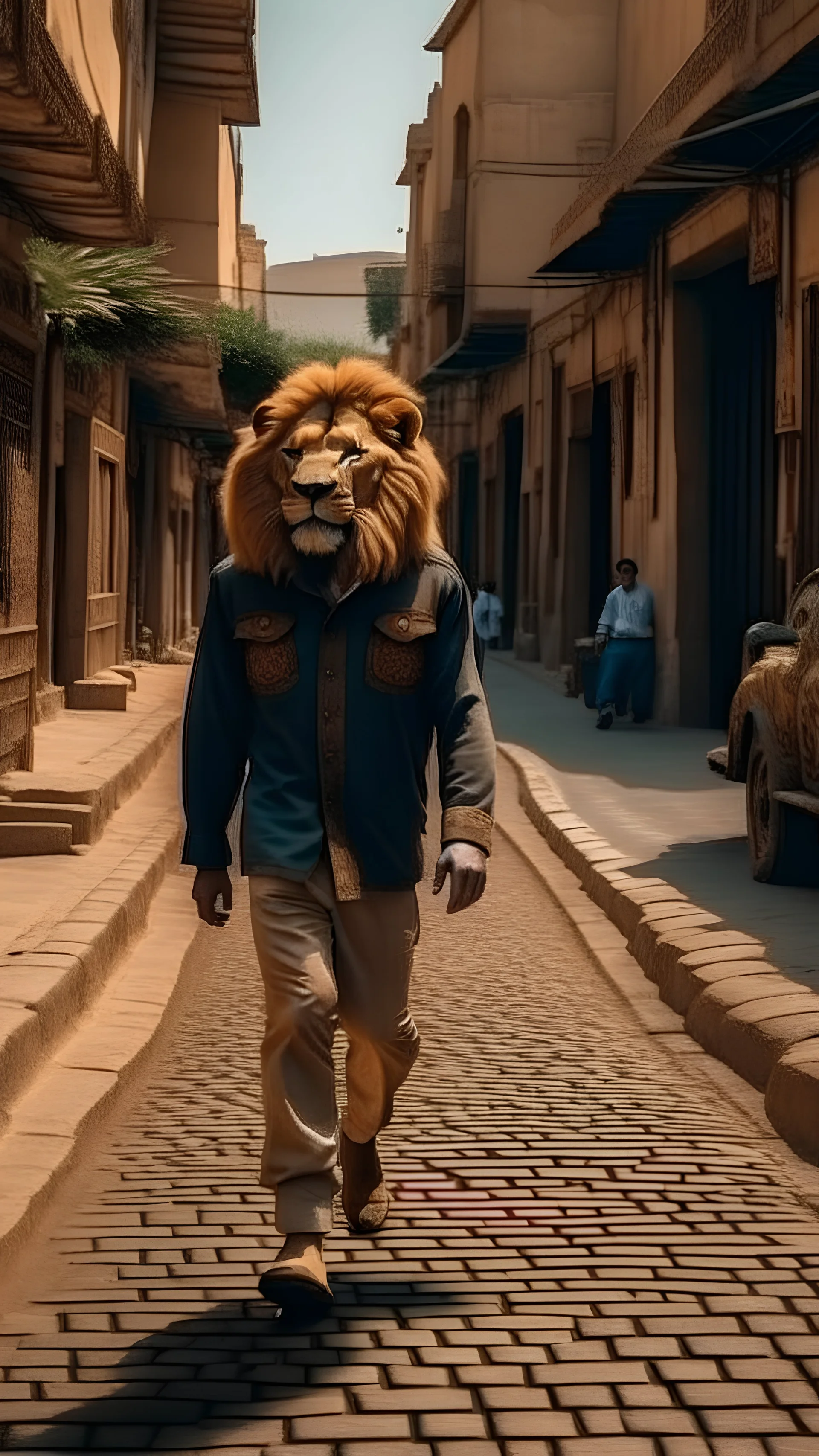 man with a lion head walk lonely in Egypt