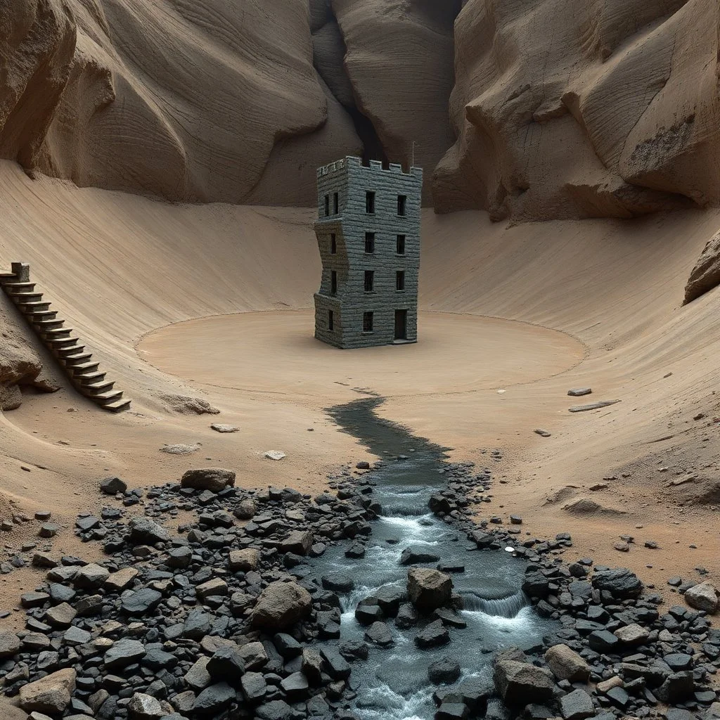 Fotografia iperrealistica di una spianata circondata da pareti lisce, con terreno argilloso e calcareo, e un piccolo un corso d'acqua che scorre su un letto di rocce scure. Al centro c'è un edificio contorto a più piani di colore grigio. Su una parete a sinistra si aprono delle scale che scendono verso il torrente